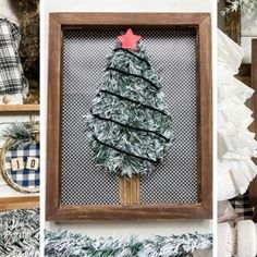 three pictures of christmas decorations in different styles and sizes, including a tree made out of yarn