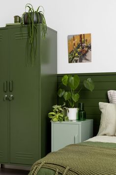 a bedroom with green painted walls and a large plant on the nightstand next to the bed