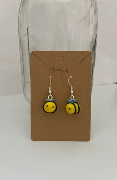 cute handmade polymer clay bee earrings. Light and easy to wear! Polymer Clay Bee, Earrings 2024, Candy Corn Earrings, Jewellery Business, Ghost Earrings, Pumpkin Earrings, Bee Earrings, Jewelry Business, Earrings Dangle