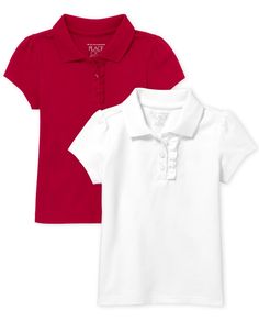 Toddler Girls Uniform Ruffle Pique Polo 2-Pack. Made of 97% cotton/30% spandex pique.Pack of 2 .Note: Tidal pack includes 2 navy styles  White pack includes 2 white styles  Daybreak includes 2 light blue styles  Ruby pack includes 2 red styles  Ruby 1 pack includes 1 red  1 white style..Button-front placket with ruffle trim.Side vents at hem.Tagless label.Pre-washed for added softness and to reduce shrinkage.Imported. Girls Uniforms, Pique Polo Shirt, Navy Fashion, Childrens Place, White Style, Red Fashion, Short Girls, Toddler Girls, Ruffle Trim