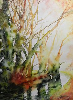 watercolor painting of trees and branches in the sunlight