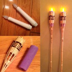 three different types of candles are on the table next to some bamboo sticks and other items