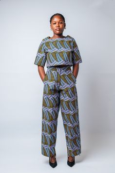 Heritage crop top with straight pants-palazzo (with zipper in front, waist band and pockets) 100% cotton ankara The pant can be paired with different top styles for different occasion, and so can the top. Ankara Crop Top And Palazzo Pants, African Two Piece Outfit, Cropped Cotton Matching Set, Ankara Pants And Top, Ankara Palazzo Pants And Top, Cotton Wide Leg Pants Matching Set, Classy Feminine Outfits, Tops For Palazzo Pants, Ankara Crop Top