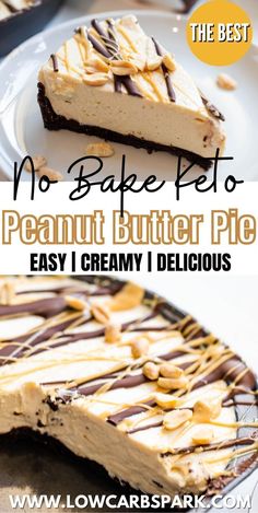 no bake peanut butter pie with chocolate drizzle on top and the bottom