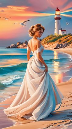 a painting of a woman in a white dress walking on the beach with a lighthouse in the background