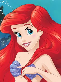 ariel from the little mermaid is smiling and holding her hand on her chest, while looking at