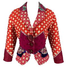 LOUIS VUITTON jacket comes in a multi-color polyester blend featuring embroidered designs, metallic trim, sequin details, patchwork, three large buttons, and a snap button closure. Made in France. Very Good Pre-Owned Condition. Minor tear at underarm. Marked: 38 Measurements: Shoulder: 18.5 inches Bust: 36 inches Sleeve: 18 inches Length: 21 inches Reference: 115073 Category: Jacket (Indoor) / Blazer More Details Brand: LOUIS VUITTON Size: 6 Color: Multi-Color Fabric: Polyester Blend Material: M Louis Vuitton Jacket, Louis Vuitton Multicolor, Embroidered Designs, Two Piece Pants Set, Chic Leather, Louis Vuitton Designer, Fringe Boots, Large Buttons, Mixing Fabrics