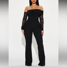 Black Mesh Sleeve Jumpsuit In Size Medium Has Some Stretch- Might Be Tight Fitting New Black Spring Pantsuit For Date Night, Black Pantsuit For Date Night In Spring, Black Pantsuit For Spring Date Night, Spring Black Pantsuit For Night Out, Black High Waist Tops For Work, Black Pantsuit For Night Out In Spring, Black Pantsuit For Spring Night Out, Fitted Black Summer Pantsuit, Black Fitted Summer Pantsuit