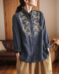 Lasaky - Premium Cotton Linen Embroidered Shirt - Stylish, Relaxed-Fit Long-Sleeved Top, a Must-Have Staple for Your Wardrobe Long Sleeve Cotton Embroidered Top, Cotton Long Sleeve Blouse With Floral Embroidery, Casual Long Sleeve Embroidered Blouse, Long Sleeve Cotton Tops With Machine Embroidery, Cotton Long Sleeve Tops With Machine Embroidery, Embroidered Crew Neck Shirt For Fall, Fall Embroidered Button-up Top, Fall Multicolor Embroidered Button-up Top, Fall Embroidered Crew Neck Shirt