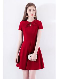 Retro Chic Short Sleeve Little Red Dress With Bow Knot Red Short Sleeve Dress With Bow, Elegant Red Mini Dress With Bow, Elegant Red Mini Dress With Short Sleeves, Chic Red Mini Dress With Bow, Red Short Sleeve Mini Dress For Formal Occasions, Short Sleeve Mini Dress With Bow For Party, Elegant Short Sleeve Mini Dress With Bow, Red Mini Dress With Short Sleeves For Evening, Red Dress With Bow