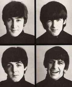 four black and white photos of the beatles