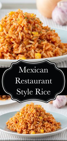 mexican restaurant style rice on a white plate with garlic and onions in the background text overlay reads mexican restaurant style rice