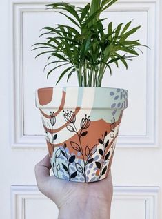 a hand holding a potted plant in front of a white wall with a window