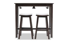 two wooden stools sitting next to each other in front of a table with two barstools