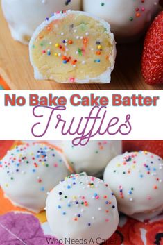 no bake cake batter truffles with white frosting and sprinkles