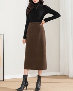 * A high-end wool pencil skirt with slit on back. * Made of wool blends with lined. * Can custom make waist size and skirt length. * Material: Outer-50% wool, 50% polyester; lining-100% polyester * Washing instructions: Dry Clean Only * Size: True to US size, US 0-US 20 are available, you can let us know your usual size and height in your order. * Shipping: Free shipping Processing time : 5-7 Business days Delivery time : 7-20 Business days Tracking number available If you need rush order or exp Brown Pencil Skirt Outfit, Brown Midi Skirt Outfit, Pencil Skirt Outfits Winter, Wool Skirt Outfit, Midi Rock Outfit, Winter Office Wear, Pencil Skirts High Waisted, Brown Pencil Skirt, Maxi Pencil Skirt