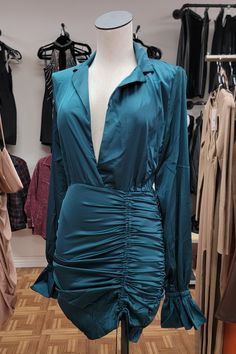 Satin Dress Elegant surplice v neckline Ruched at the side Long Sleeve Satin Dress Elegant, Dress Elegant, V Neckline, Satin Dress, Satin Dresses, Teal Blue, Night Dress, Elegant Dresses, Satin