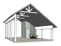 a drawing of a garage with two cars parked in front of it and an awning on the roof