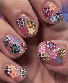 Manicure Nail Art Designs, How To Make Nail Charms, Rhinestone Flower Nails, Kutek Disney, Unghie Sfumate, Colorful Nail, Nagel Tips, Cute Summer Nails, Kawaii Nails