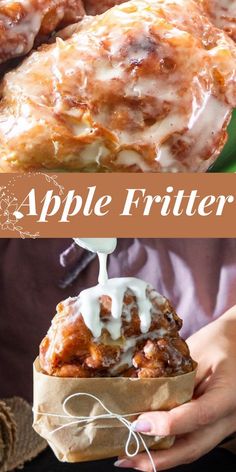 an apple fritter is being drizzled with icing on it