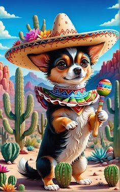 a painting of a dog wearing a sombrero and holding a maracasa