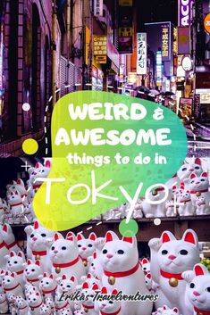 there are many small white cats on display in front of the store sign that says weird and awesome things to do in tokyo