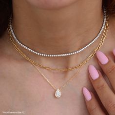 Diamond Tennis Choker / Collar. D E T A I L S : ♥ Stones Type: * Round Lab diamonds, 3.75CT, F color, VS clarity. * Round Natural diamonds, conflict-free, 3.75CT, G color, S12 clarity. ♥ Chain length: 35cm + 7.5cm extention. ♥ Gold: 14K solid gold. White, Yellow, and Rose gold. Please select your wanted chain length and gold color in the drop-down menu. ♥️♥️♥️ SERVICE: ♥️ Free IGL Jewelry Certificate, including evaluation for insurance. The certificate is free of charge if you request it when placing your order. (It takes an additional two business days.) ♥️ Free shipping this item is shipped insured express shipping 3-5 business days, no extra charge. ♥️ Lead time, please allow 3-5 weeks; all items are handmade per order. ♥️ Customization - each ring is passionately and specifically creat Pear-shaped Solitaire Necklace In Fine Jewelry Style, Gold Jewelry With Single Pear-shaped Diamond, Gold Pear-shaped Jewelry With Single Diamond, Yellow Gold Solitaire Necklace With Vvs Clarity, Elegant 14k Gold Tennis Necklace, Gold Teardrop Diamond Necklace With Prong Setting, Gold Pear-shaped Single Cut Diamond Jewelry, Pear-shaped Single Cut Diamond Gold Jewelry, Vvs Clarity Drop Jewelry