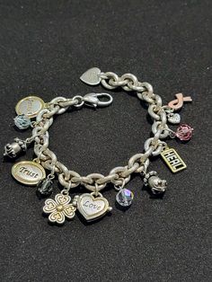 "Brand: BRIGHTON ALL YOU NEED IS LOVE.... Chunky silver-plated chain. Quality Austrians crystal beads. This beautiful symbolic charms bracelet is perfect for all of us. Deadstock from the '90s *8.5\" long Excellent condition Perfect gift. Thank you for visiting my store. You can also visit my MargaretJewelryShop or http://jewelryandclothing.net/ **Please read \"The Private Policy\"" Cheap Adjustable Chain Charm Bracelet, Love Charm Bracelet, Silver Chain Bracelet For Anniversary, Silver Charm Bracelet As Gift, Metal Charm Bracelets For Anniversary, Nickel-free Heart Shaped Silver Charm Bracelet, Silver Metal Chain Bracelet With Dangling Charms, Personalized Silver Metal Charms, Silver Heart Charm Chain Bracelet