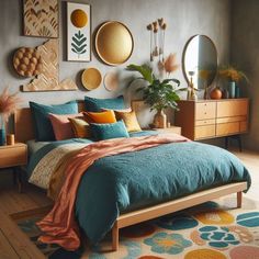 a bed room with a neatly made bed and lots of decorations on the wall above it