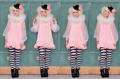 four different pictures of a woman in pink dress and black and white striped tights