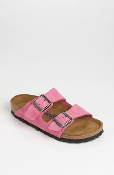 Pink Birkenstocks, Birkenstock Sandals Arizona, Cute Sneakers, Footbed Sandals, Shoe Closet, Birkenstock Arizona, Birkenstock Shoes, Suede Sandals