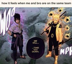 two anime characters standing next to each other in front of a stone wall with the caption how it feels when me and bror are on the same team