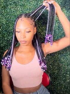 Knotless Peekaboo Braids With Beads, Braided Bob With Beads, Purple Braids With Beads, Purple And Pink Braids, Braid Hairstyles With Beads, Braided Hairstyles With Color, Braids With Beads Natural Hair, Goddess Braids With Beads, Goddess Braids For Kids