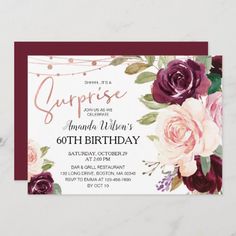 an elegant floral birthday party with burgundy and pink flowers on the front, white background