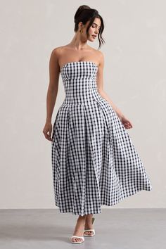 Maisy | Black & White Gingham Strapless Maxi Dress Gingham Dress With Smocked Bodice For Garden Party, Strapless Dress With Fitted Bodice For Day Out, Chic Bandeau Dress For Dress Down Occasions, Chic Fitted Midi Dress For Picnic, Chic Bandeau Dress For Casual Wear, Chic Bandeau Dress For Casual Occasions, Chic Fitted Midi Dress For Picnics, Fitted Bandeau Dress For Garden Party, Gingham Midi Dress For Garden Party