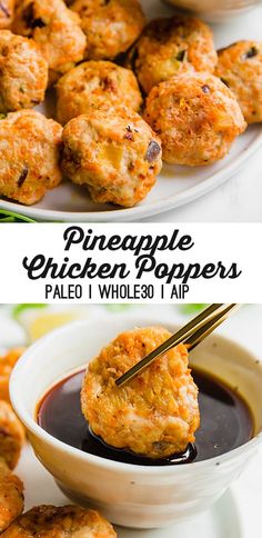 pineapple chicken poppers in a bowl and on a plate with dipping sauce for dipping