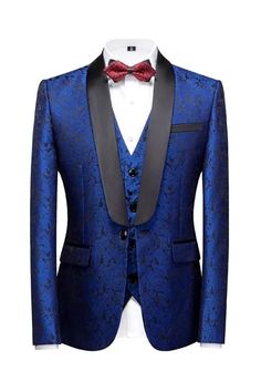 Gary Chic Royal Blue Three Pieces Jacquard Men Suits For Wedding Mens Sports Coat, Wedding Tuxedo, Blue Shawl, Slim Fit Tuxedo, Head Wear, Groomsmen Suits, Tuxedo Wedding, Tuxedo Suit, Tuxedo For Men