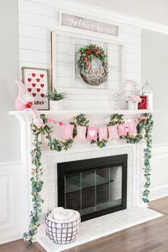 Valentine’s Day ideas, decor, DIY projects, inspiration! Create DIY cost-effective Valentine’s Day wreaths, napkin rings, and tablescapes. Black Mantle Fireplace, Black Tile Fireplace, Valentine Mantel, Black Mantle, Mantle Fireplace, Valentine's Day Decor, Festive Wreath, My Funny Valentine, Pink Valentines