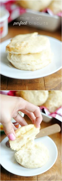 the process of making homemade english muffins is shown in three different pictures, including one being cut into pieces