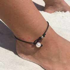 Plus Size Anklet for Women Blue Sea Glass Ankle Bracelet | Etsy Bohemian Leather Bracelet For Beach, Summer Waxed Cord Jewelry, Adjustable Cord Anklet For Festival, Pearl Ankle Bracelet, Leather Anklets, Vacation Jewelry, Anklet For Women, Pearl Beach, Beaded Ankle