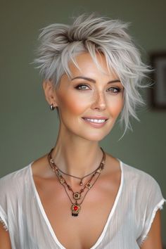 100 Elegant Pixie haircuts for older women. Number 71 is not What You Expect! Short Hair Necklines For Women, Pixie With An Undercut, Pixi Hair 2024, Pixie Haircut Grey Hair, Fun Pixie Hairstyles, Old Woman Haircut, White Hair With Lowlights Older Women, Undercut Pixie Haircut For Older Women, Short Hair For Fine Hair