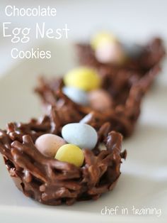 chocolate egg nest cookies on a white plate