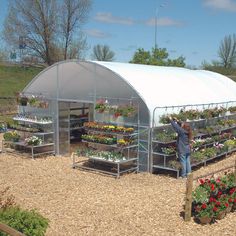 a man standing in front of a greenhouse filled with flowers