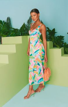 Mina Midi Dress ~ Tropicana Burst Luxe Satin – Show Me Your Mumu Summer Party Midi Dress With Crisscross Straps, Flirty Sleeveless Midi Dress With Tie Back, Midi Dress With Knotted Straps For Garden Party, Flirty Ruched Midi Dress For Vacation, Sleeveless Wrap Dress With Straps For Brunch, Summer Party Dress With Wrap-around Straps, Multicolor Midi Length Dress With Tie Straps, Midi Dress With Crisscross Straps For Date Night, Date Night Midi Dress With Crisscross Straps