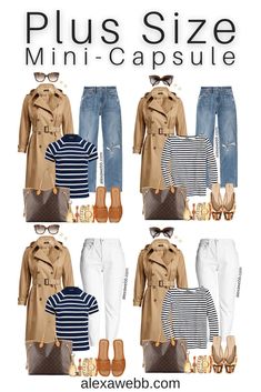 Plus Size Spring Mini-Capsule with a plus size trench coat, striped t-shirt, straight leg jeans, and mules by Alexa Webb Plus Size Striped Shirt Outfit, French Plus Size Fashion, Plus Size Trench Coat Outfit, Navy Slip Skirt, Beige Top Outfit, Spring Outfits Korea, Trench Coat Plus Size, Trenchcoat Outfit, Big Bust Fashion