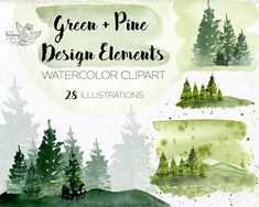 watercolor clipart green and pine design elements