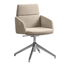 a beige office chair with chrome legs and casteor wheels on an isolated white background