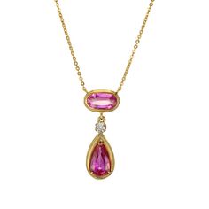 Bright pink oval and pear Sapphire, diamond pendant necklace. circa 1920 to 1930 with natural color and simple heat only. 14k rose gold. Chain may be later. 1 oval pink Sapphire, approx. total weight 2.25cts, SI, 9.12 x 4.98 x 2.60mm, natural color and simple heat only, GIA certificate #2165465519 1 pear shaped pink Sapphire, approx. total weight 2.50cts, SI, 10.5 x 6mm 1 old mine cut diamond, approx. total weight .10ct, I, SI 14k Rose gold Stamped: 14k Top to bottom: 28.54mm or 1.12 inches Widt Pendant Necklace Diamond, Sapphire Diamond Pendant, Rose Gold Pendant Necklace, Pear Pendant, Sapphire Necklace Pendants, Rose Gold Chain, Rose Gold Pendant, Sapphire Pendant, Girly Jewelry