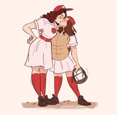 two women are kissing each other while wearing red socks and baseball caps on their heads