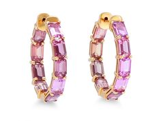 A pair of 18K rose gold hoops set with eighteen emerald cut unheated pink and purple sapphires. Metal: 18K Rose Gold Gemstone: Sapphires: ~10.5 carats Luxury Pink Hoop Earrings, Pink Formal Hoop Earrings In Fine Jewelry Style, Pink Hoop Earrings For Formal Occasions, Purple Sapphire, Gold Hoops, Pink And Purple, 18k Rose Gold, Emerald Cut, Pink Purple